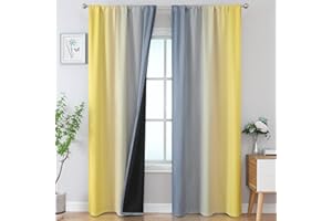 Estelar Textiler Gray and Yellow Blackout Curtains 84 Inches Long,Light Blocking Two Tone Gradient Drapes with Wave Line Pattern,Room Darkening Rod Pocket Ombre Curtains for Boys Room,42Wx84L,2 Panels
