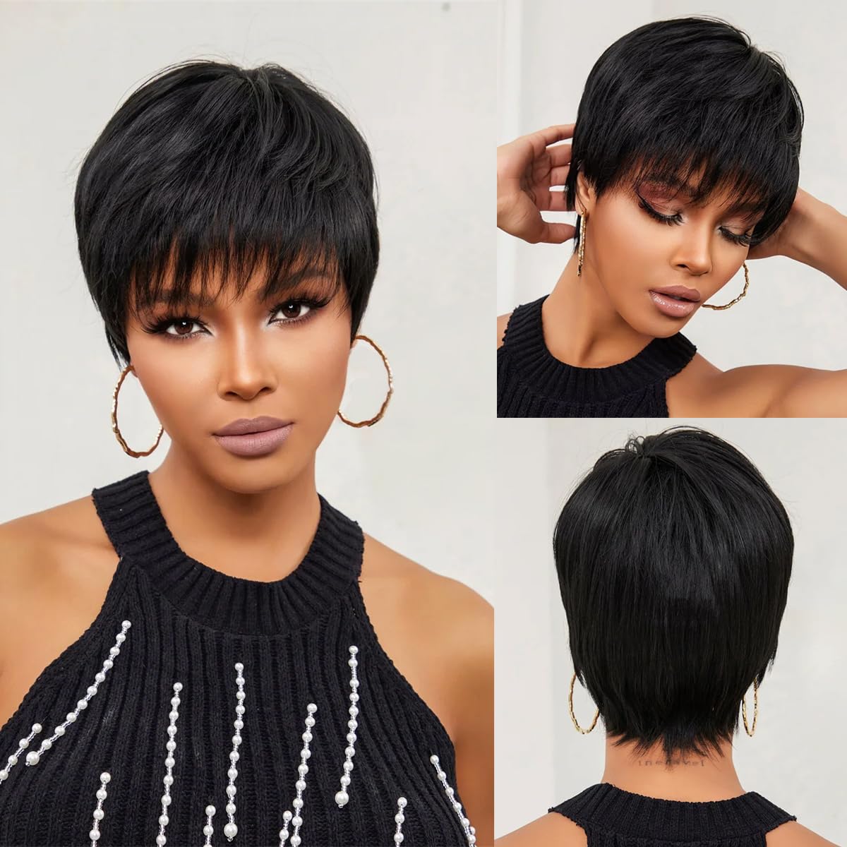 PORSMEER Human Hair Wig Short Pixie Cut Wigs for Women Human Hair Glueless Wig Layered None Lace Front Wig with Fringe Natural Straight Full Machine Made Wig (Black)