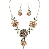 Fenni Jewelry Lovely Crystal Cherry Blossom Flower Choker Collar Bib Statement Necklace Earrings Sets Costume Jewelry