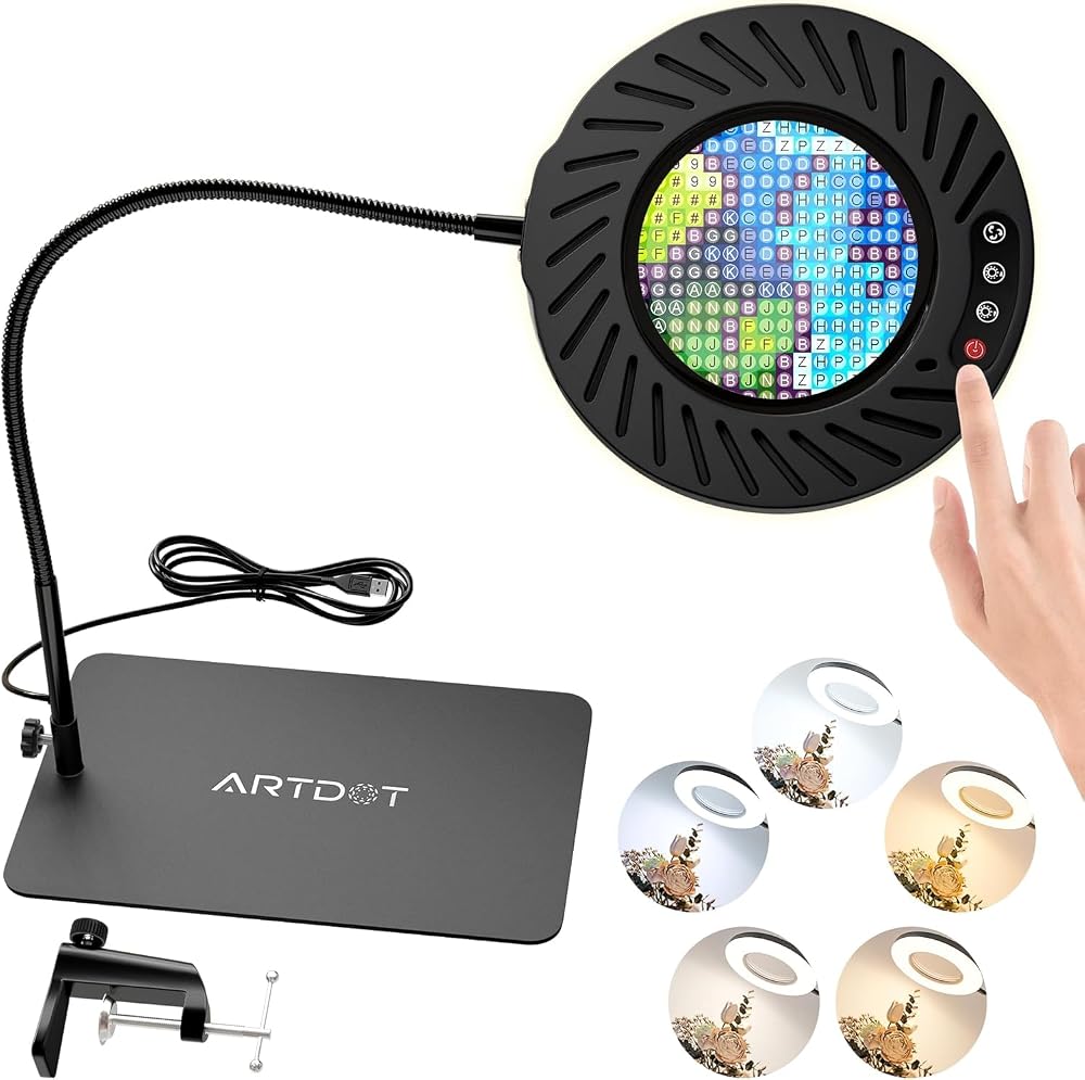 ARTDOT 10x Magnifying Glass with 5 Light Modes and Stand for Diamond Painting