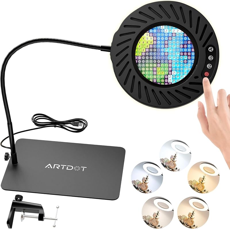 ARTDOT 10x Magnifying Glass with 5 Light Modes and Stand for Diamond Painting