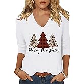 Womens Christmas Tree V Neck Shirt Funny Xmas Tree Plaid Graphic 3/4 Sleeve Tee Winter Holiday Family Party Matching Tops