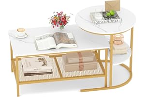 GOFLAME Nesting Coffee Table Set of 2, 2 PCS Nesting Tables with Faux Marble Top and Extra Storage Shelf, Modern Round End Ta