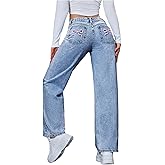 WDIRARA Women's Petite Bow Embroidered Cute Jeans Y2k Straight Leg Denim Pants