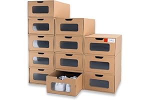 WALL QMER Shoe Box 12 Pack,13.2 x 8.3 x 5.1in Waterproof Storage Boxes, Socks, Stationery, Toys, Underwear,Heavy Duty,Stack-able Cardboard Boxes,with Marking Labels,Transparent Window
