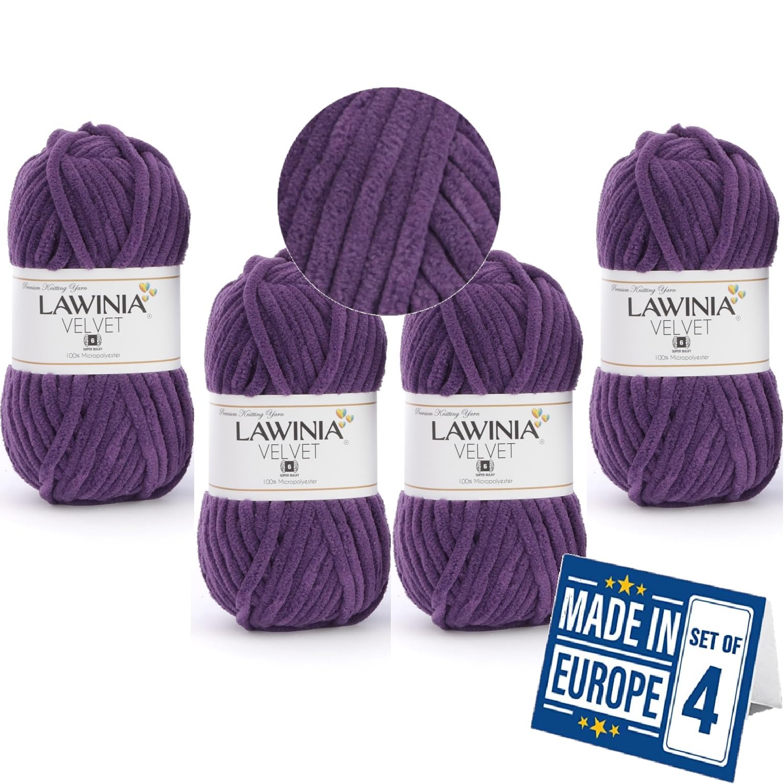 LAWINIA -Velvet Premium Soft Chenille Yarn Chunky, Velvet Yarn Crochet, Does NOT SHED, Plush Blanket Wool for Crochet, Thick Chunky Wool for Knitting, Pack of 4