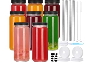 CJWLKJ 8 Pack Glass Juice Bottles with 4 Straws & 4 Lids w Hole- 16 OZ Travel Drinking Jars, Water Cups with Black Airtight L