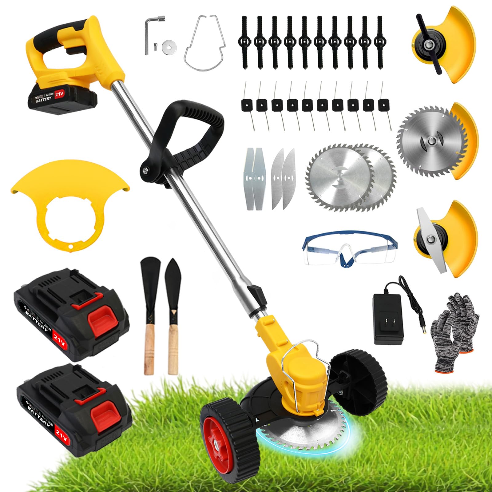 Photo 1 of 21V Electric Weed Wacker Cordless Grass Trimmer with 2x2000mAh Batteries & Fast Charger, 3 in 1 Stringless Lightweight Brush Cutter/Edger/Mower with 3 Types Blade & Wheels for Garden and Yard Lawn