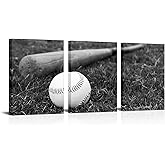 Apicoture Baseball Wall Art - Black and White Sport Wall Decor Baseball Posters for Boys Bedroom Canvas Prints Framed Ready to Hang 12''x 16''x 3 Panels
