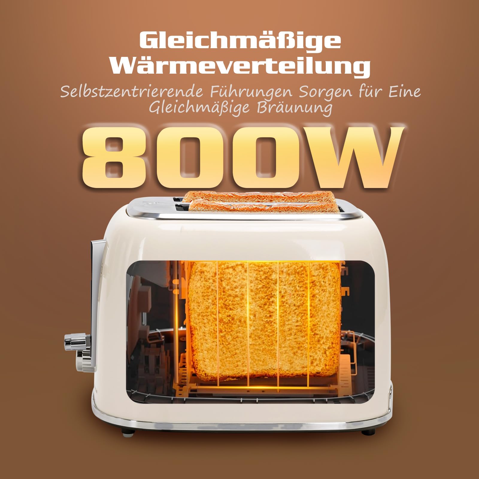Aigostar Toaster 2 Scheiben, Retro Edelstahl Creme, 4 Funktionen (Bagel/Auftauen/Aufwärmen/Abbrechen), Extra Breite Toastschlitze, 6 Bräunungsstufen, Liftfunktion, 800W. Retro Cream 6