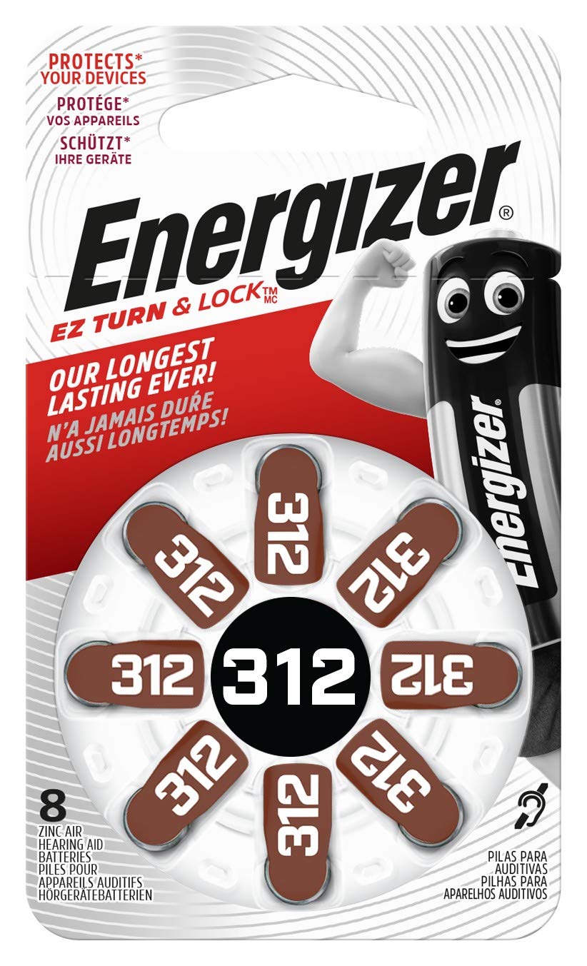 Energizer Hearing Aid Batteries, Size 312, EZ Turn & Lock, Pack of 8