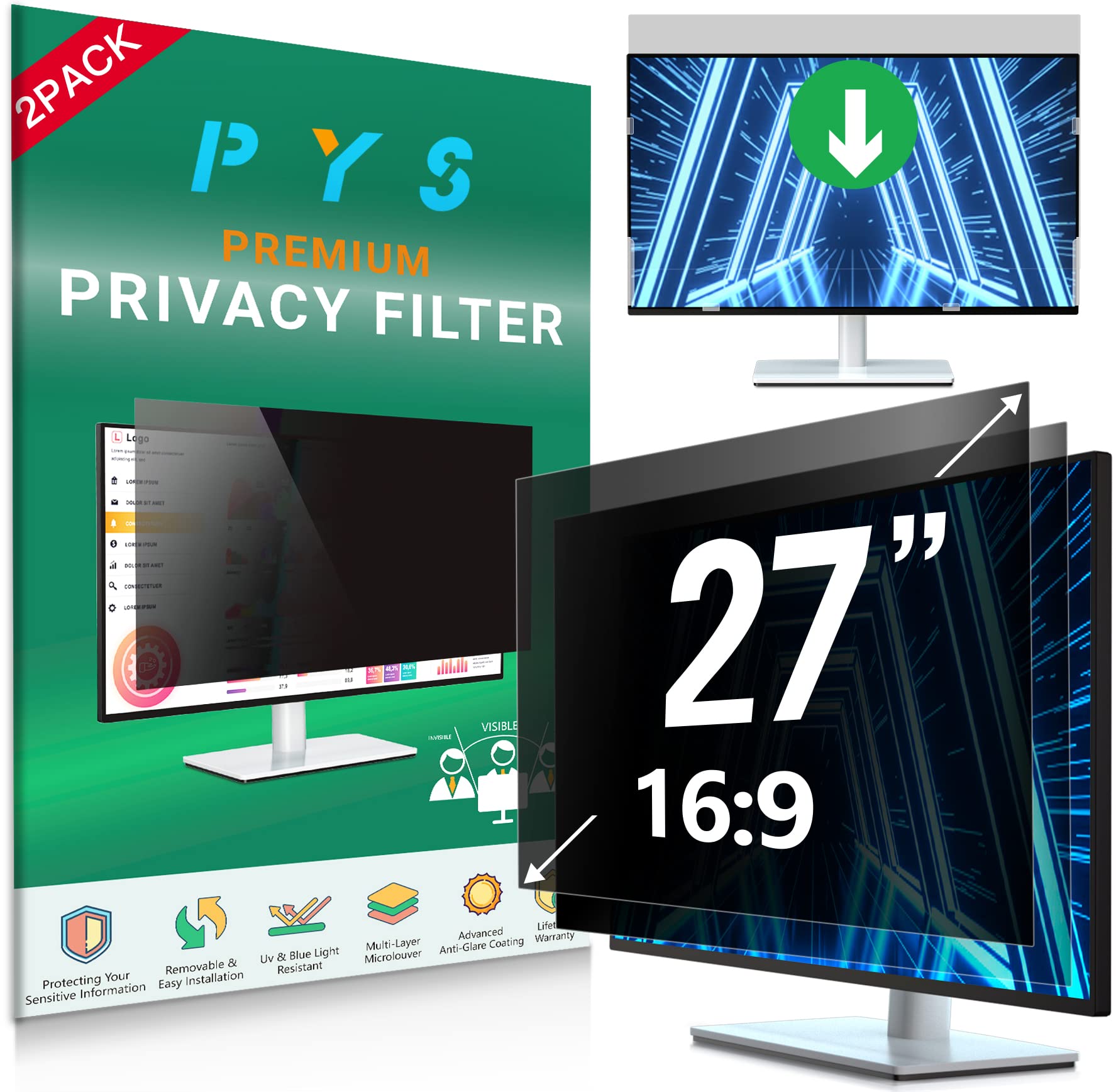 PYS [2-Pack 27 Inch Computer Privacy Screen Filter for 16:9 Widescreen Monitor - Easy Removable Privacy Filter - Eye Protection Anti Glare Blue Light Shield