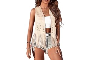 Aopwsrlyi Women's Fringe Vest 70s Hippie Costume Sleeveless Cowgirl Western Faux Suede Vest Fringe Jacket Outerwear
