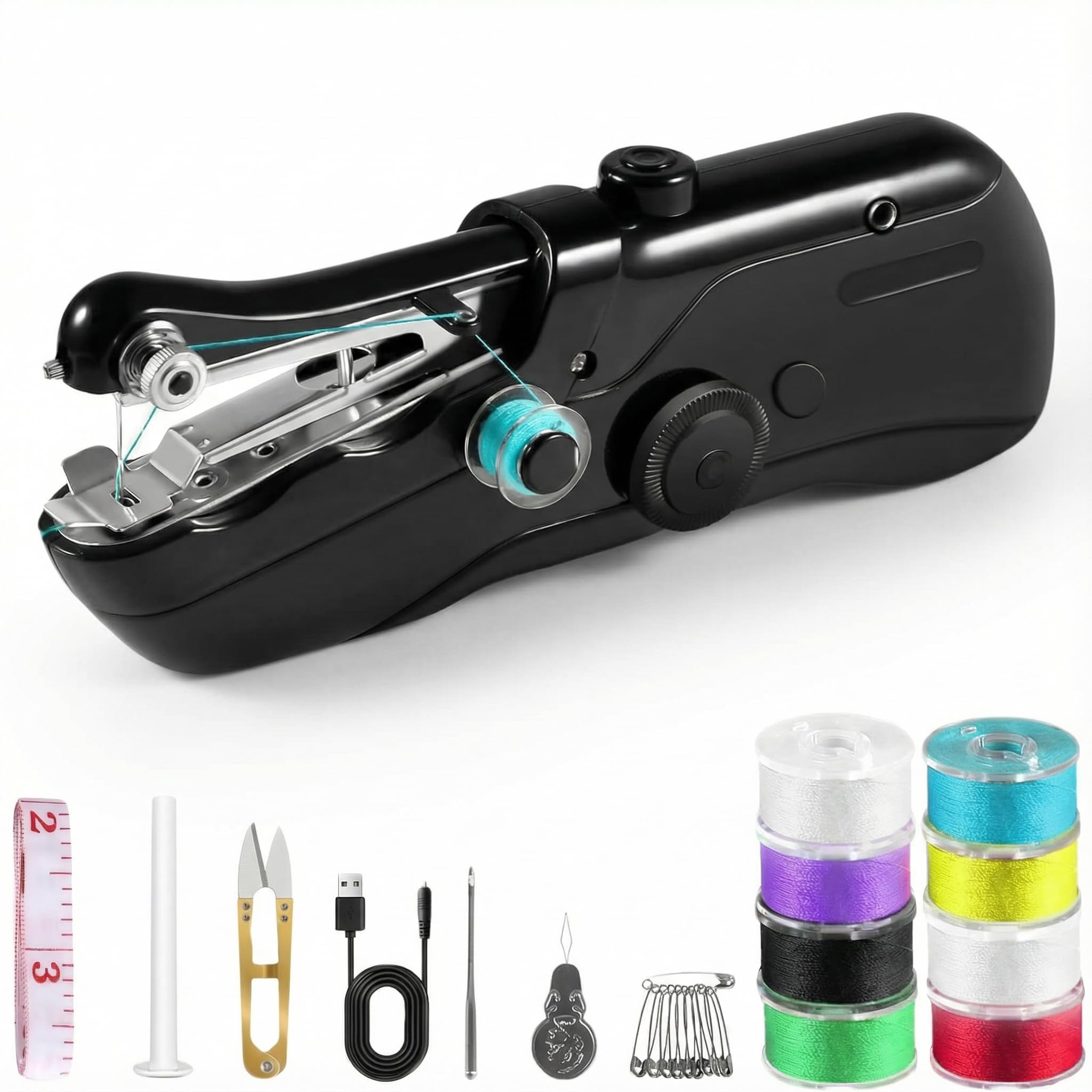 Photo 1 of Portable Handheld Sewing Machine for Adults - Mini Hand Held Sewing Stitching Machine for Beginners - Small Electric Cordless for Quick Fabric Home Travel Clothes Pants DIY Fabric Denim (Black)