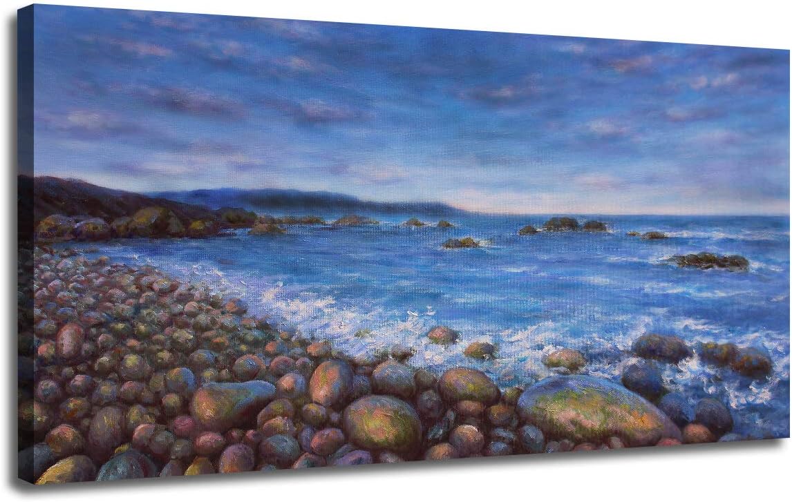 Ardemy Canvas Wall Art Blue Ocean Picture Panoramic Seascape, Modern Seaside Stones Peaceful Landscape Painting Artwork Large Size Wooden Framed for Home Office Wall Decor 48x24 Inches
