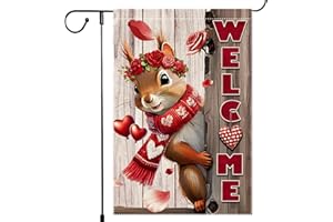 RMXJKIIU Valentines Day Garden Flag 12x18inch Double Sided The Squirrel Red Love Heart Rose Valentine’s Day Garden Flags For Home Outdoor Yard Patio Lawn Decor,Welcome Valentine Garden Outside Decorations Banner (RMQ87, 12"X18")