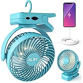 BLBS Clip on Fan 65Hrs Camping Fan with LED Light, 12000mAh Battery Operated Fans & PortableFan Rechargeable, Small Desk Fans USB TravelFan for Tent Camping Golf Stroller, Blue