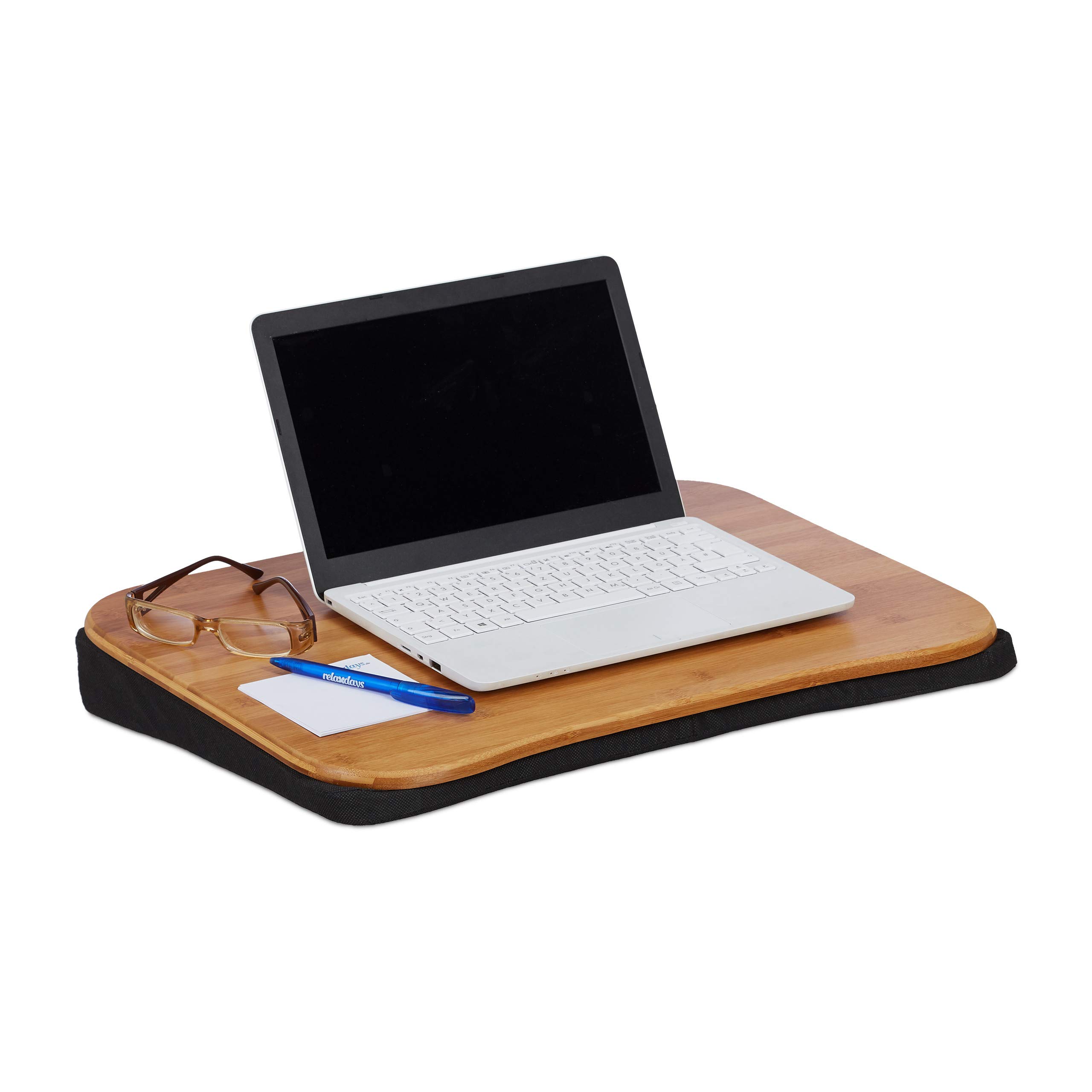 Relaxdays Laptop Table, Bamboo, 51 x 37 cm, Portable, Removable Cushion with Handle, Natural