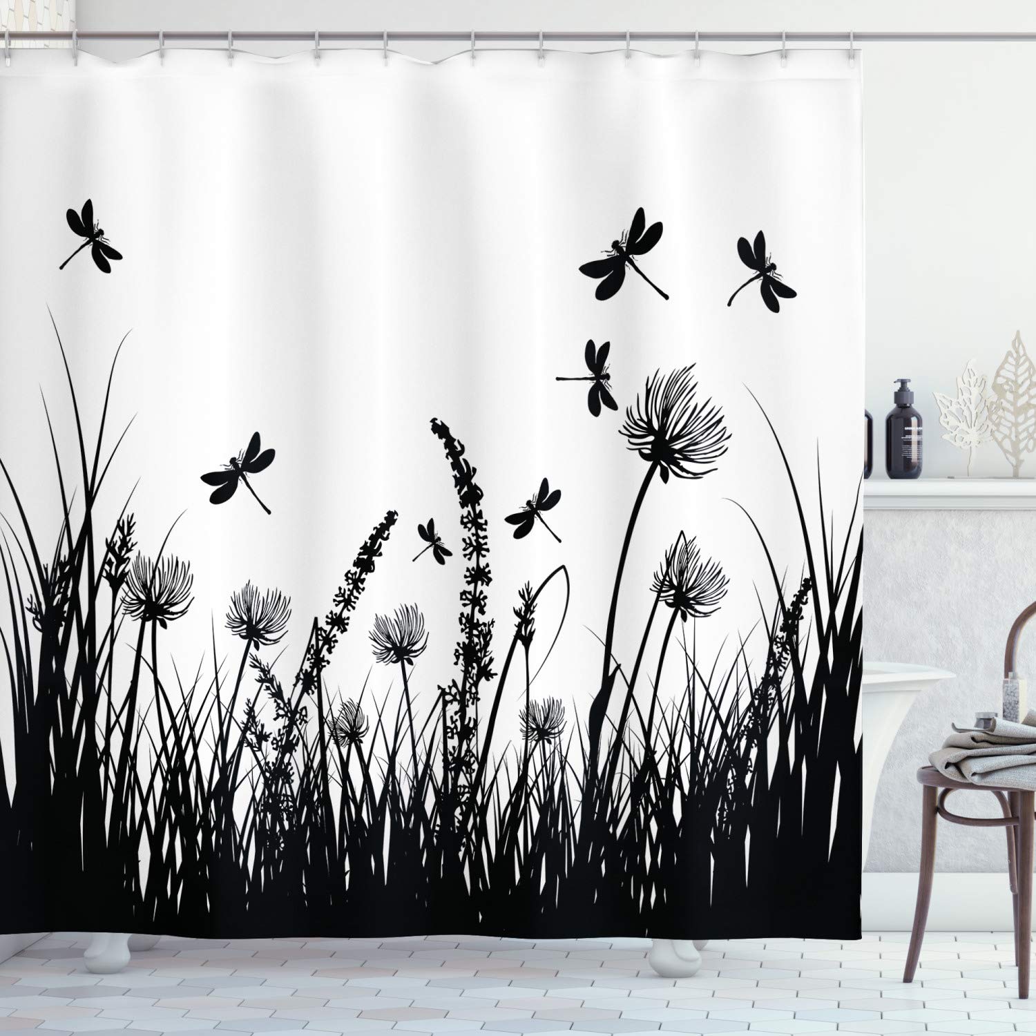 ABAKUHAUS Nature Shower Curtain, Grass Bush Meadow Silhouette with Dragonflies Flying Spring Garden Plants Display, Cloth Fabric Bathroom Decor Set with Hooks, 175 x 200 cm, Ivory Black — image 1