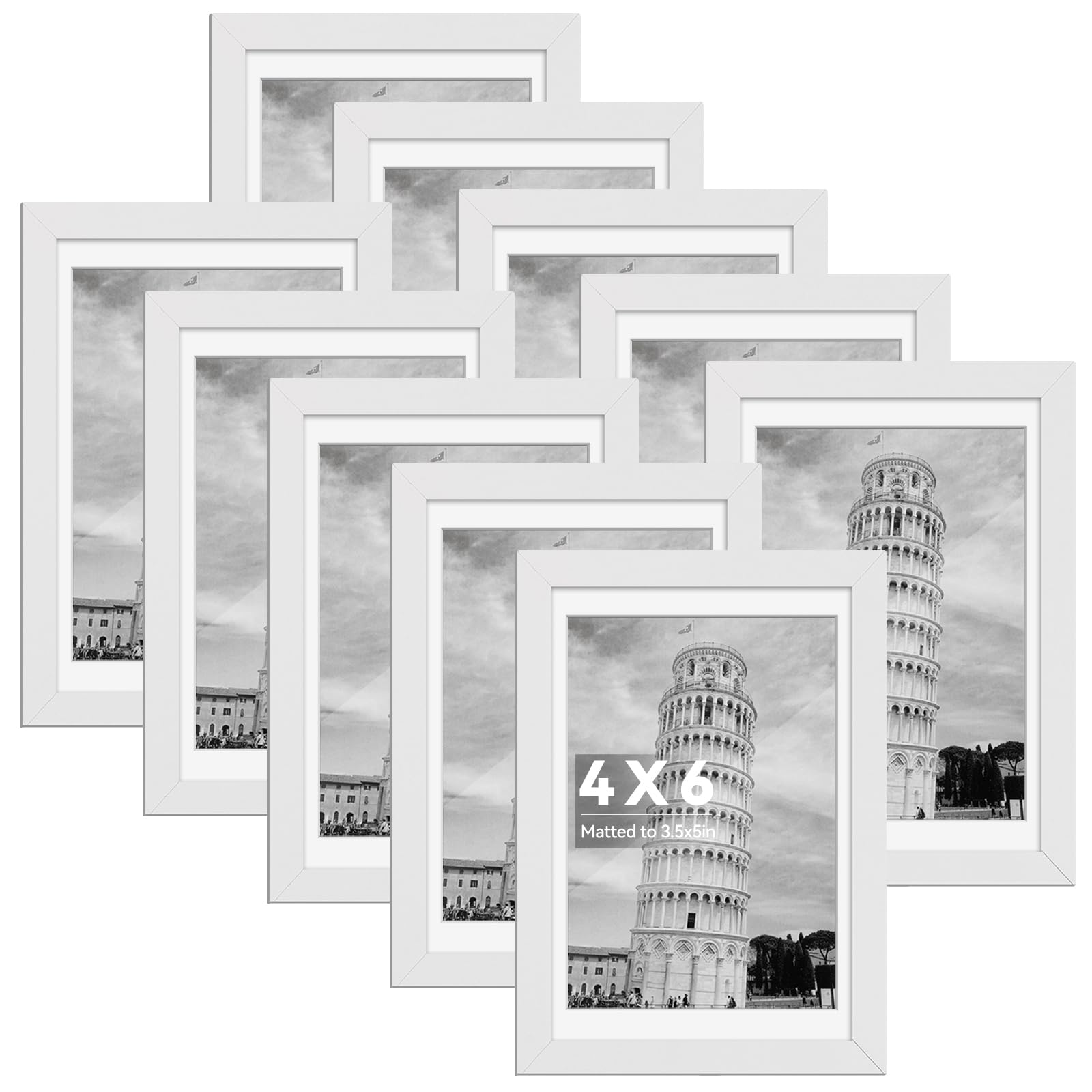Photo 1 of HappyHapi 4x6 Picture Frames Set of 10, Tabletop or Wall Display Pictures 3.5x5 with Mat or 4x6 Without, Multi Photo Frames Collage (White)