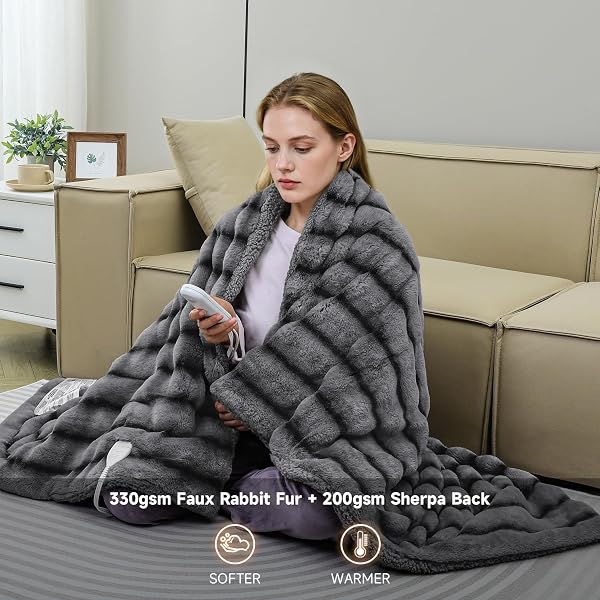 TIMICALDA HEATED BLANKET ELECTRIC THROW- 50″X60″ SOFT THICK FAUX FUR ELECTRIC BLANKET FOR SOFA WITH 5 HEAT LEVELS & 4 HOURS AUTO-OFF OVERHEAT PROTECTION, WARM COZY GIFTS, GREY
