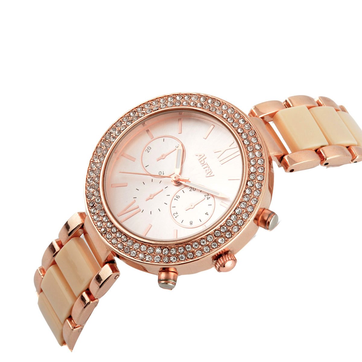 Oumosi Women\'s Swarovski Crystal Accented Gold-Tone and Pink Bracelet Wrist Watch