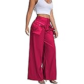 XNMHL Wide Leg Cargo Pants for Women High Waist Shiny Trousers with Pockets