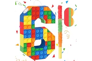 HOOQICT Building Blocks 6th Birthday Party Decorations Number 6 Pinata with Pinata Stick & Blindfold for Kids Girls Boys Happy Birthday Building Block Theme Party Supplies Carnival Games