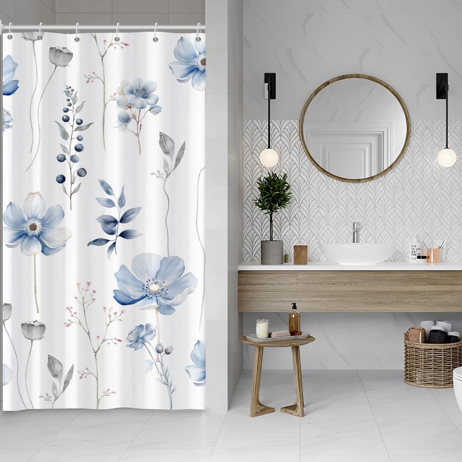 ASDCXZ Flower Shower Curtain 120x200 cm, Spring Watercolor Blue Grey Flower Leaves Plants White Bath Washable Narrow Shower Curtains Polyester Textile Waterproof Shower Curtain for Bathtub with 8 Hook — image 1
