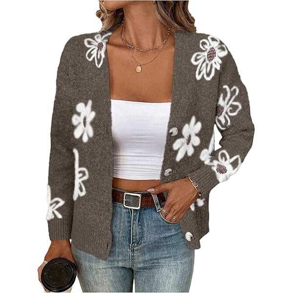 chouyatou Women's Fall Cute Daisy Button Jacquard Knit