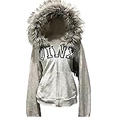 GGOOB Grunge Fur Hood Zip Up Hoodie Women Teen Girls Y2k Emo Goth 2000s Sweatshirts Cute Fall Winter Crop Coats