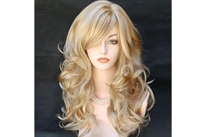 RightOn 22 Inches Blonde Mix Brown Wig Long Curly Mix Blonde Wig with Bangs Long Wavy Wig for Halloween Cosplay Costume Party
