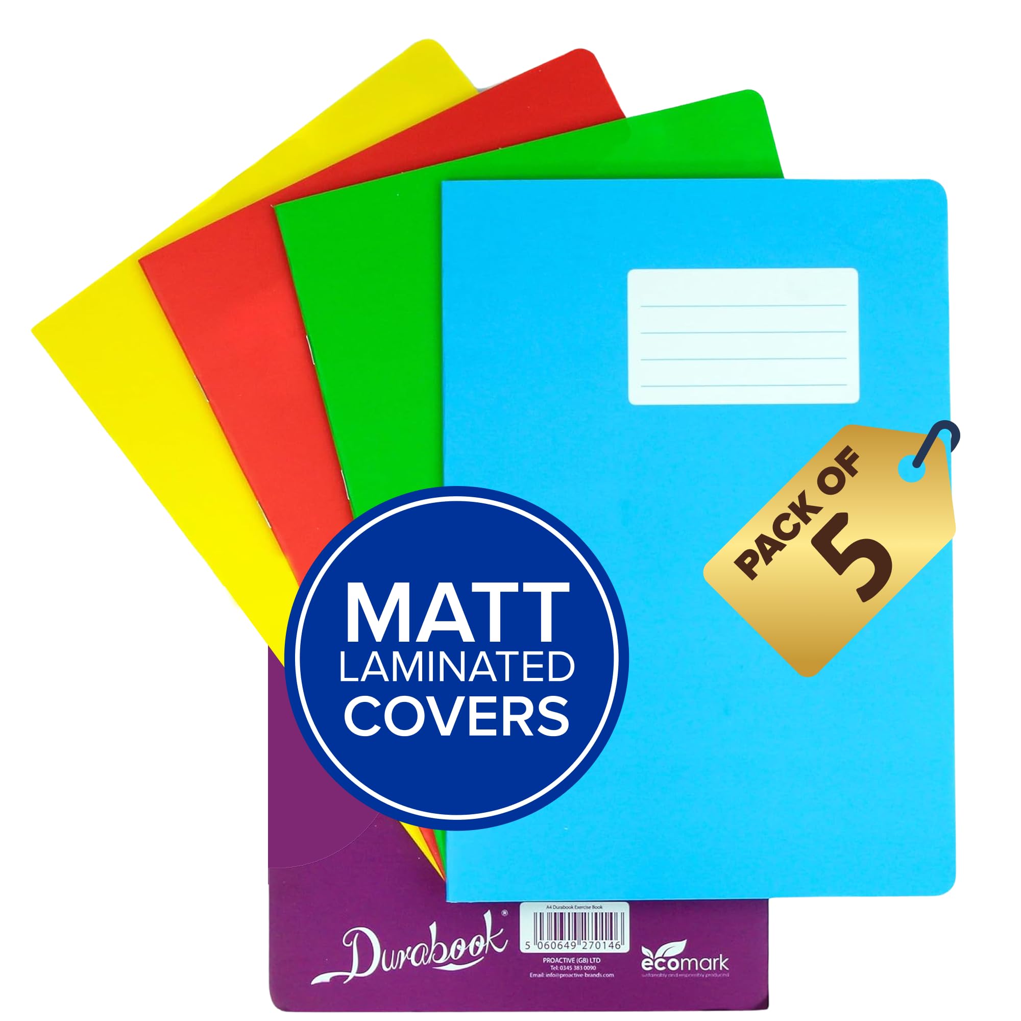 Durabook A4 8mm F&M 5 Assorted Colour Exercise Books, Pack of 5, 80 Page Durable Matt Laminated Water-Resistant Cover, Ruled & Margin School Notebook, Great Office, Home & School Supplies — image 1