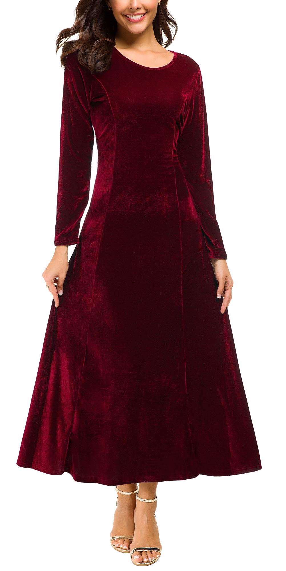 Photo 1 of **USED** Urban CoCo Women's Elegant Long Sleeve Ruched Velvet Stretchy Long Dress (2XL, Wine red)