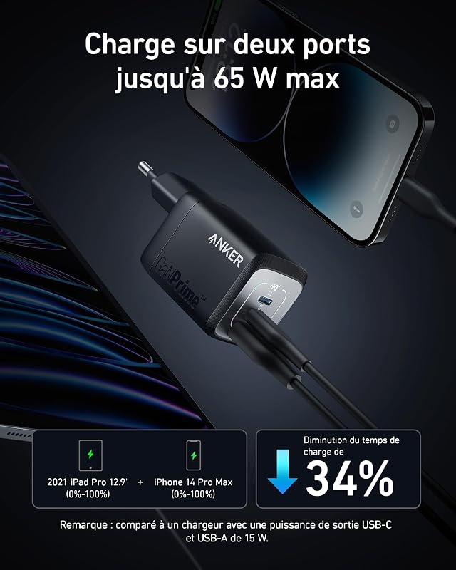 Prime Chargeur USB-C Rapide 67 W GaN, 3 Ports, Compact et Pliable