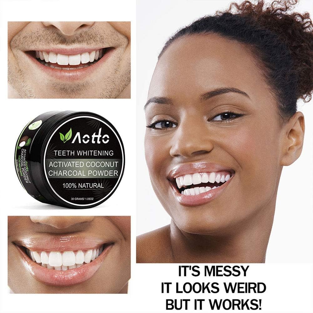 Aotto Activated Charcoal Natural Teeth Whitener Teeth Whitening Charcoal Powder No Hurt on Enamel with Bamboo Brush: Health & Personal Care