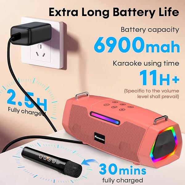 PORTABLE KARAOKE MACHINE FOR KARAOKE FAN – 60W POWERFUL BLUETOOTH SPEAKER WITH TWO WIRELESS MICROPHONES FOR OUTDOOR & FAMILY FESTIVAL PARTY, IDEAL FOR ADULTS, KIDS, TEENAGER – ORANGE RED