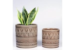 EPFamily Plant Pot Set of 2 for Indoor Plants Brown Ceramic Planter with Drainage Hole Retro Geometry Flower Pot Home Office Garden Gift Idea
