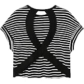 WDIRARA Women's Stripe Open Back Criss Cross T Shirts Cut Out Short Sleeve Tee Top