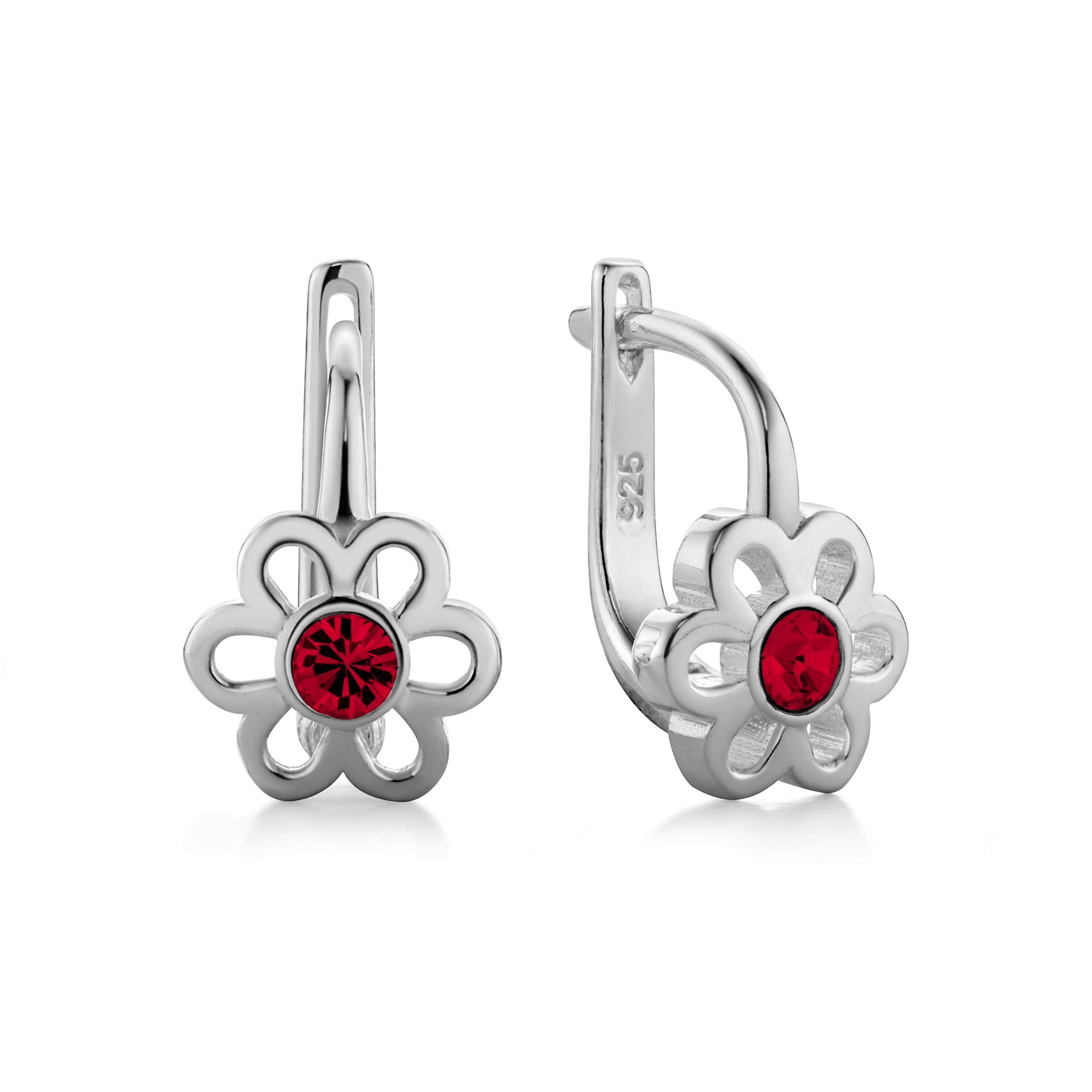 Butterfly Flower Shaped Childrens Earrings Made Of Sterling Silver With Red Crystal