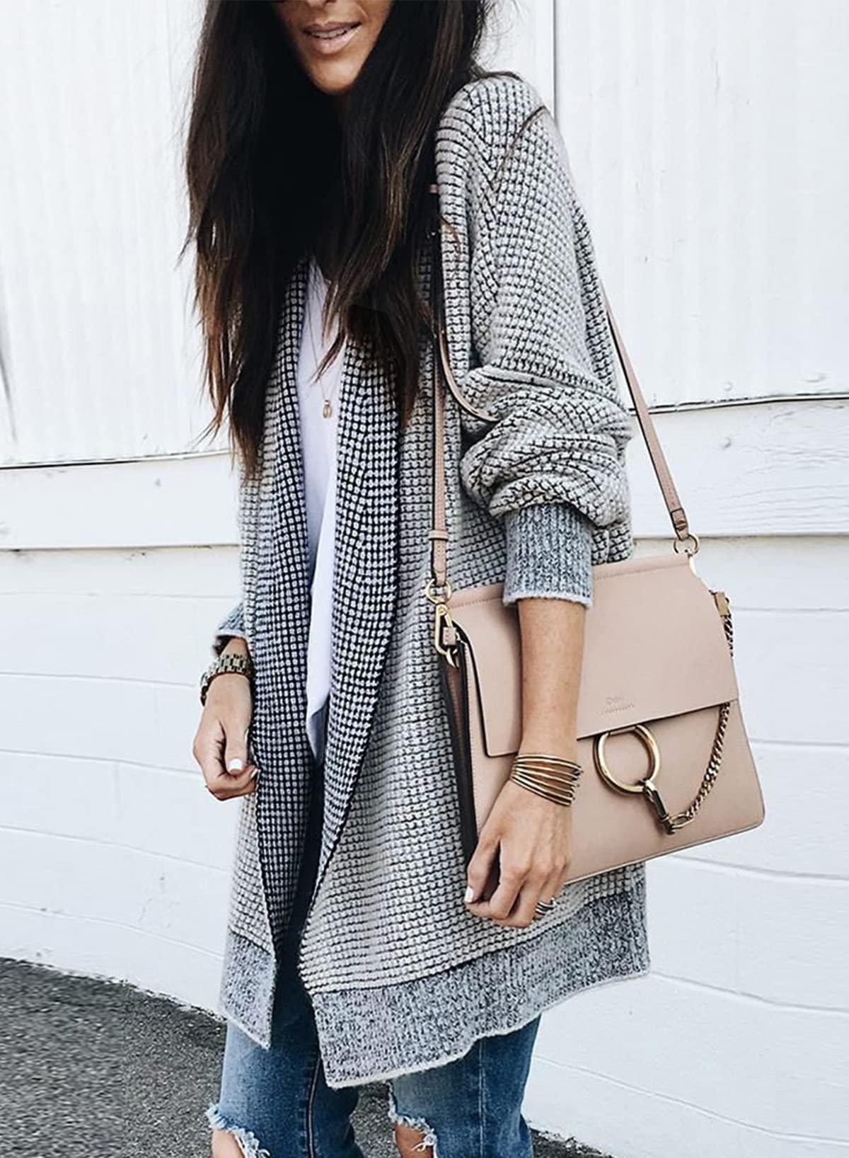 Sidefeel Womens 2025 Fall Outfits Long Sleeve Open Front Cardigan Sweaters Oversized Checkered Chunky Knit Sweaters Coat
