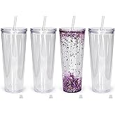 AGH Snowglobe Tumbler(4 Pack) - 24oz Double Wall Acrylic Cups with Lids and Straws, Plastic Snow Globe Cups Pre Drilled with Hole Plug for Snowglobe DIY