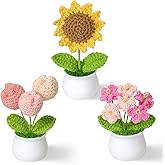 Weldomcor Crochet Flower Cute Potted Plants Fake Knitted Sunflower Tulips Mini Flowers Pot for Desk Office Car Dashboard Window Home Decor, Gift for Teachers Mother Day Valentines Anniversary Birthday