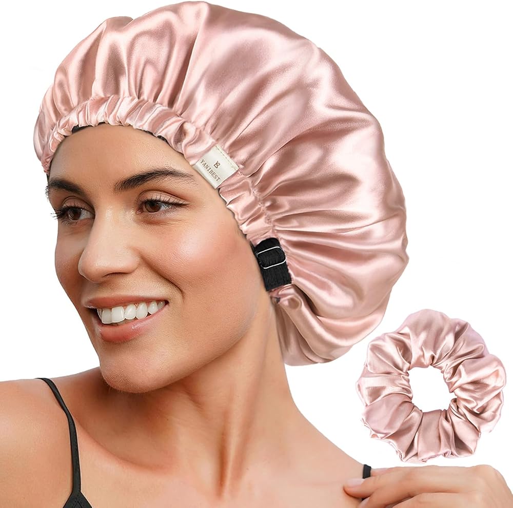 YANIBEST Adjustable Satin Bonnet Double Layer Hair Bonnet for Sleeping Bonnets for Women Hats Curly Natural Hair, Blush Pink