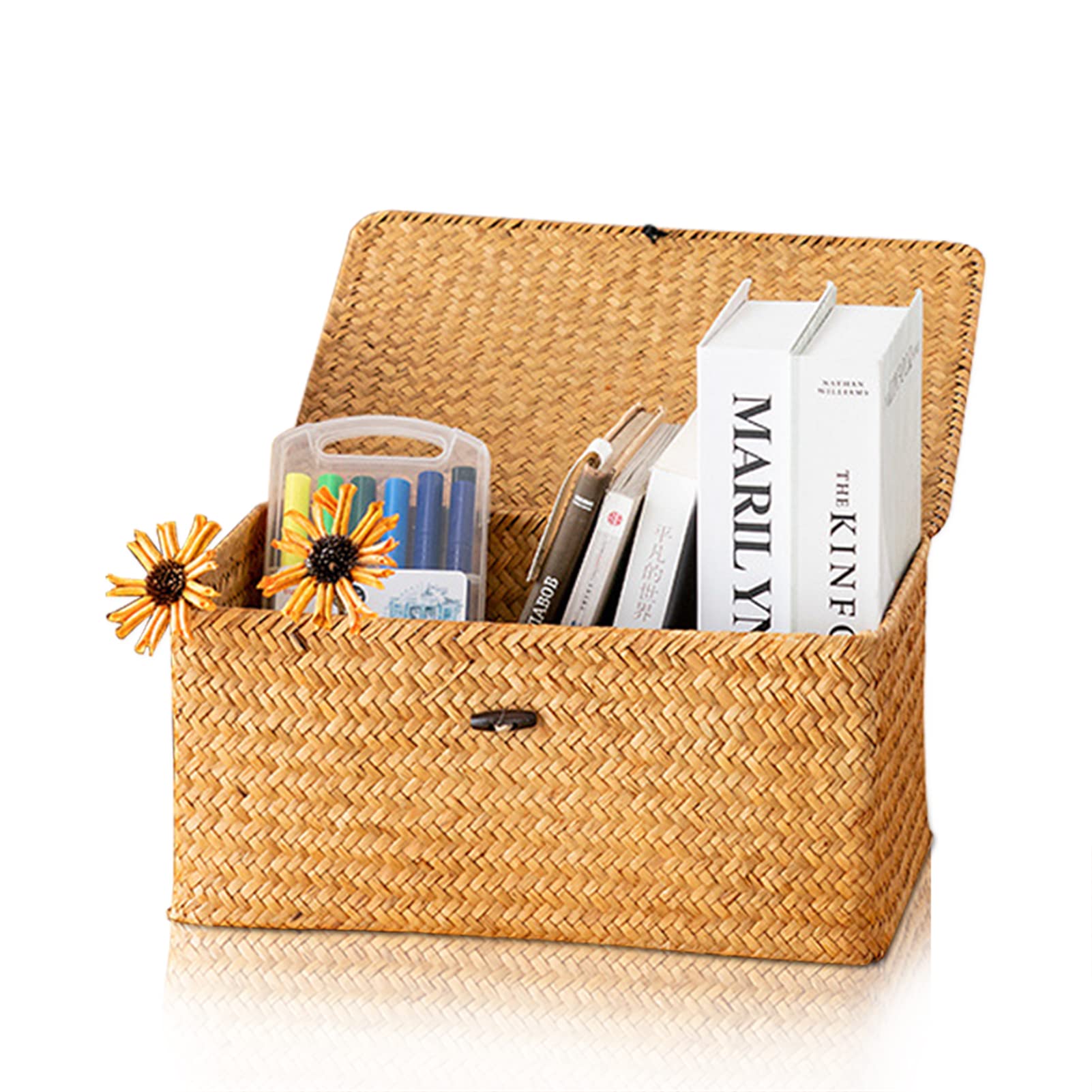 Basket With Lid,Wicker Baskets With Lid,Natural Seagrass Storage Basket Woven Rectangular Shelf Basket Bins With Lids Desktop Organizer(S), seagrass storage basket rectangular woven bins natural