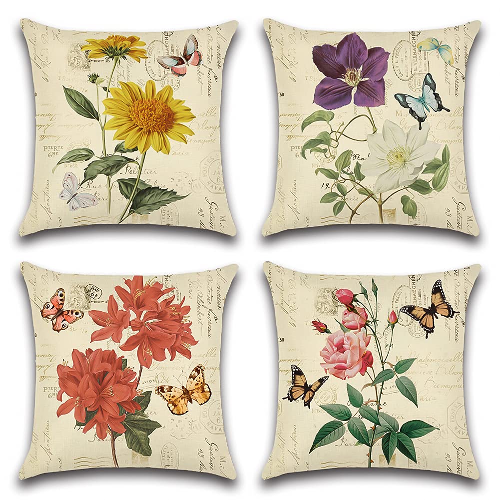 Artscope Set of 4 Waterproof Cushion Covers 45x45cm, Decorative Flowers Throw Pillow Covers, Perfect to Outdoor Patio Garden Bench Living Room Sofa Farmhouse Decor