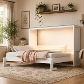 SOFTSEA Queen Size Horizontal Murphy Bed with LED Lights, Solid Wood Farmhouse Wall Bed Frame for Small Spaces, Guest Room, Home Office, White