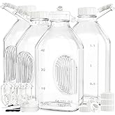 Syntic 4 Pack 2 Qt Glass Milk Bottles with Handle and Airtight Reusable Screw Lids, 1/2 Gal Glass Water & Juice Bottles with 2 Pour Spouts, 64 Oz Milk Jug Pitcher w Scale