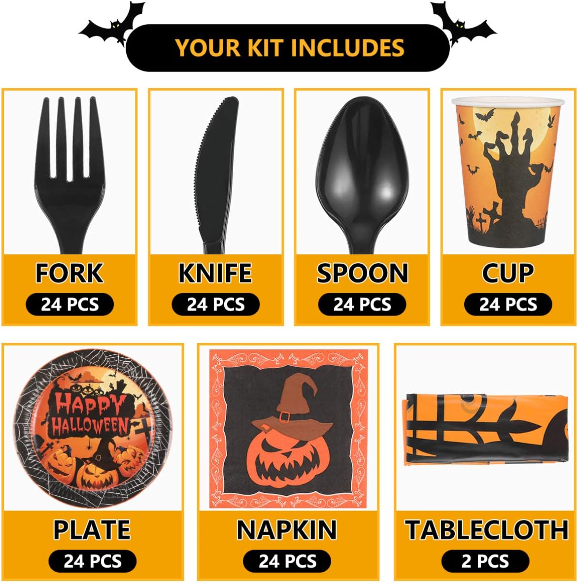 YARNOW Halloween Tableware and Decorations, 24 Guest - Pumpkin Pattern Halloween Plates, Party Cups, Napkins, Tablecloths, Serving Trays, Knives, Forks, Spoons (Orange): Kitchen & Dining