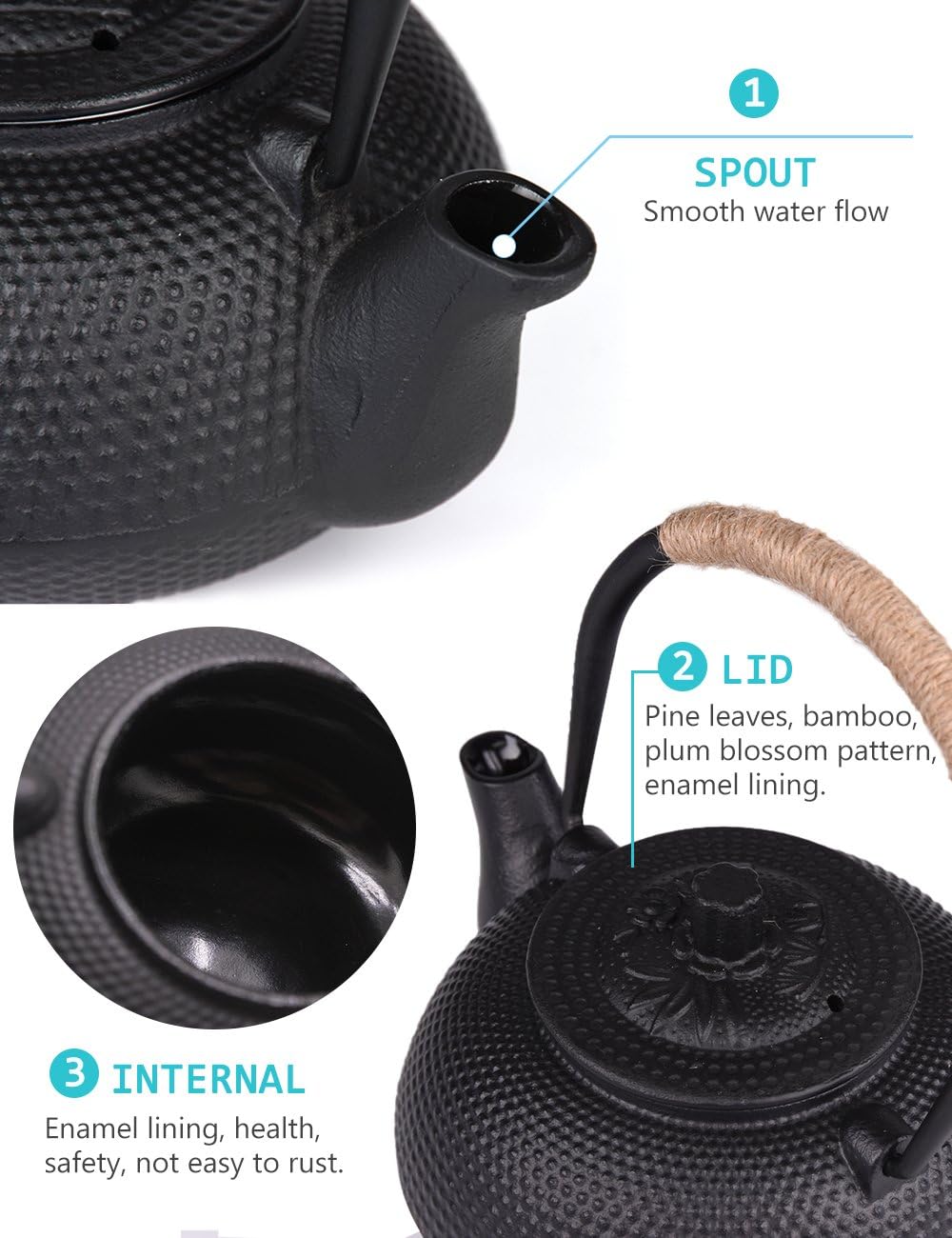 SUSTEAS Japanese Tetsubin Tea Kettle Cast Iron Teapot with Stainless Steel Infuser Black 650ml - Image 5